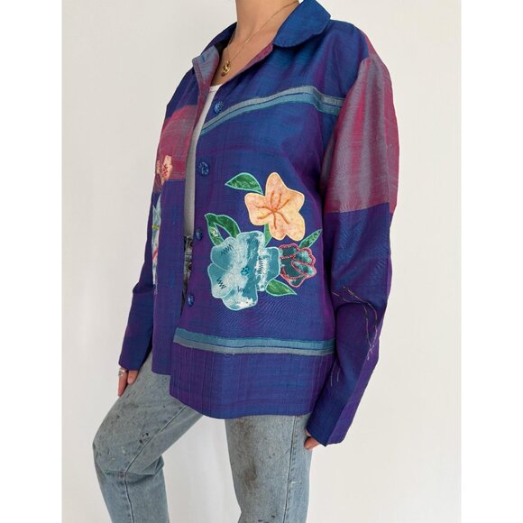 90s vintage blue shiny floral embroidered patchwork light silk button up jacket - Picture 4 of 10
